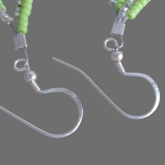 925 Sterling Silver Green & Clear Seed Bead Layered Wire Earrings Dangle Hooks - Picture 4 of 4